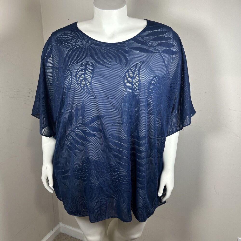 Catherines Top 3X Blue‎ Sheer Burnout Leaf Tropical Resort Minimalist Casual